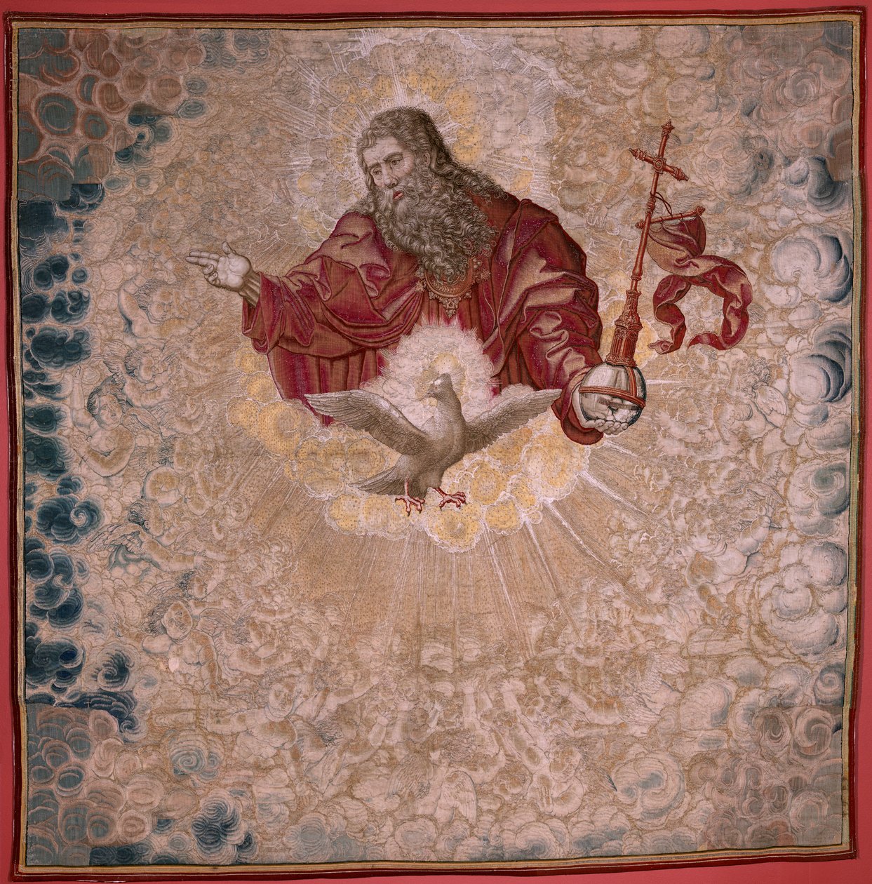 Flamandzki gobelin. Seria Dais Karola V (Baldachin Małgorzaty Austrii). Bóg Ojciec i Duch Święty (El Padre Eterno y el Espíritu Santo). Baldachim gobelinowy na podwyższeniu. Model Bernard van Orley (1491-1542). Wytwórnia Pieter de Pannemaker, autorstwa Bernard van Orley