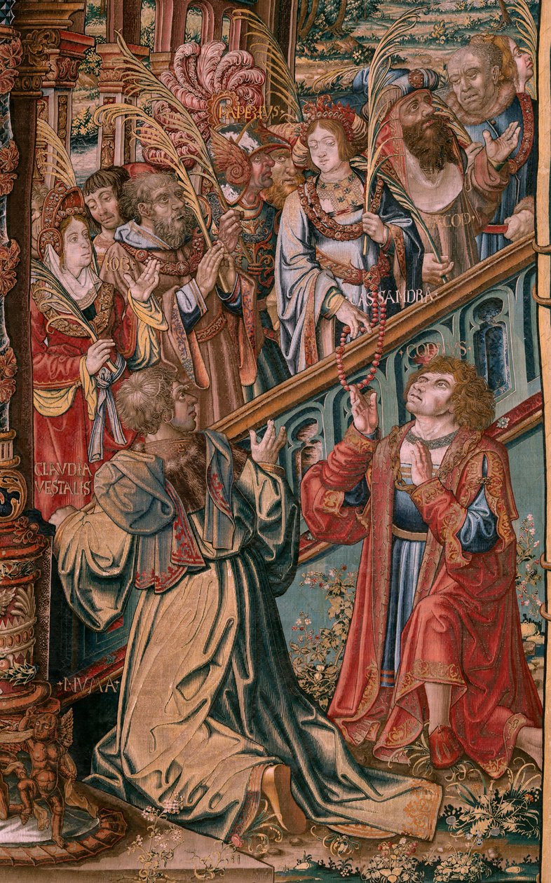 Flamandzki gobelin. Seria Honory. Wiara (La Fe). Pierwszy gobelin z serii. Wzorcowi rysownicy z kręgu Bernarda van Orleya i Jana Gossaerta (Mabuse). Manufaktura Pieter van Aelst, Bruksela. Około 1550. Tkanina Złoto, srebro, jedwab i wełna. autorstwa Bernard van Orley