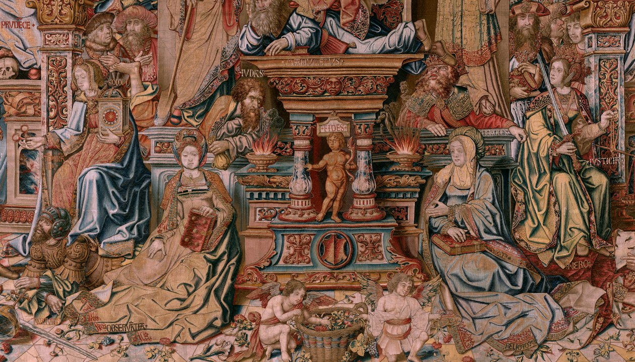 Flamandzki gobelin. Seria Honory. Wiara (La Fe). Pierwszy gobelin z serii. Wzorcowi rysownicy z kręgu Bernarda van Orleya i Jana Gossaerta (Mabuse). Manufaktura Pieter van Aelst, Bruksela. Około 1550. Tkanina Złoto, srebro, jedwab i wełna. autorstwa Bernard van Orley