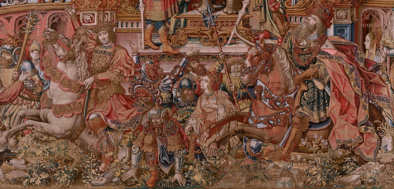 Flamandzki gobelin. Seria Honory. Sława (La Fama). Trzeci gobelin w serii. Wzorcowi rysownicy z kręgu Bernarda van Orleya i Jana Gossaerta (Mabuse). Manufaktura Pieter van Aelst, Bruksela. Około 1550. Tkanina Złoto, srebro, jedwab i wełna. autorstwa Bernard van Orley