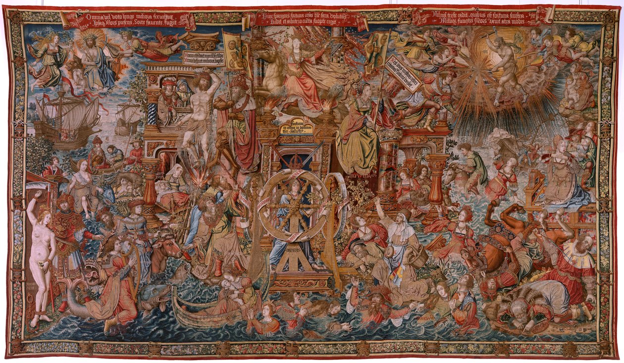 Flamandzki gobelin. Seria Honory. Fortuna, Droga do Honorów (La Fortuna, Camino de los Honores). Piąty gobelin z serii. Wzorcowi rysownicy z kręgu Bernarda van Orleya i Jana Gossaerta de Mabuse. Manufaktura Pieter van Aelst, Brusse autorstwa Bernard van Orley