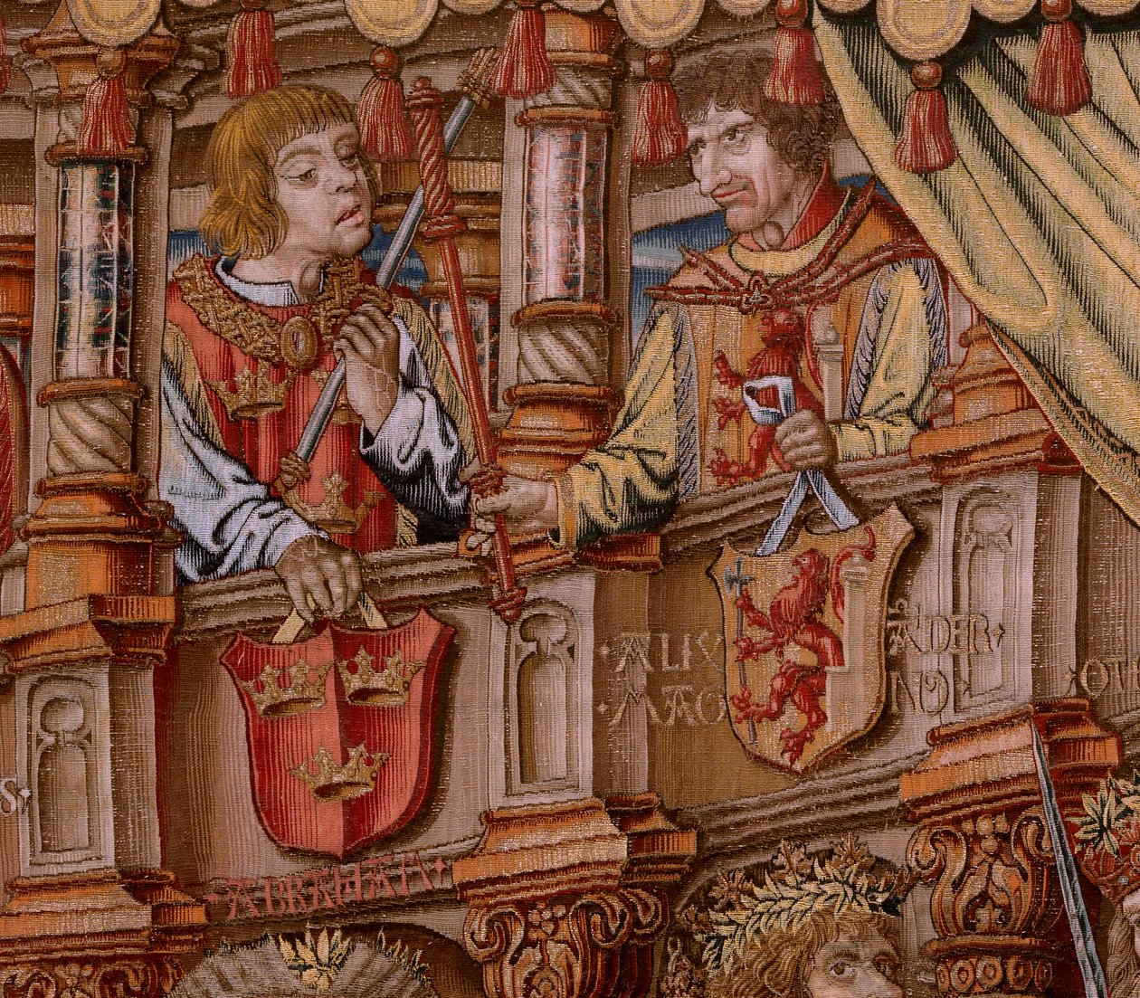 Flamandzki gobelin. Seria Honory. Honor (El Honor). Drugi gobelin w serii. Wzorcowi rysownicy z kręgu Bernarda van Orleya i Jana Gossaerta (Mabuse). Manufaktura Pieter van Aelst, Bruksela. Około 1550. Tkanina Złoto, srebro, jedwab i wełna. autorstwa Bernard van Orley