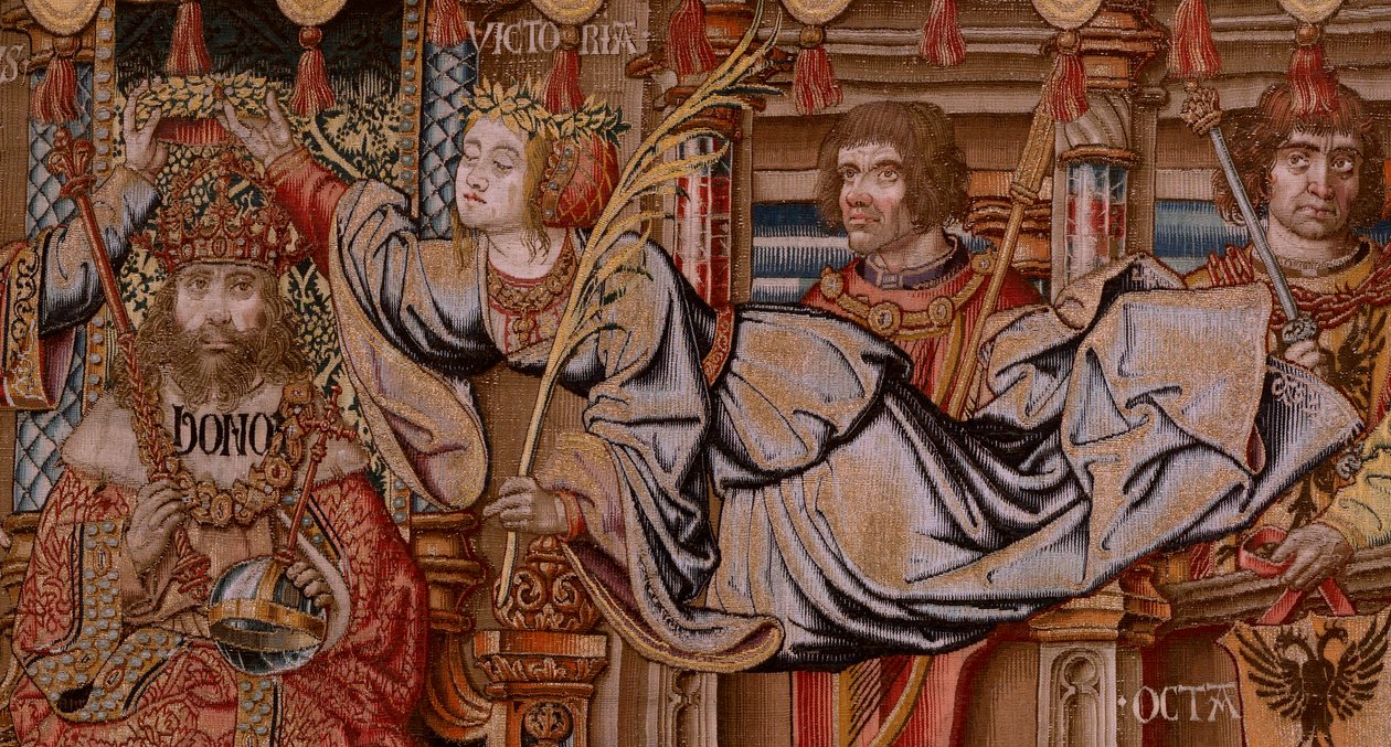 Flamandzki gobelin. Seria Honory. Honor (El Honor). Drugi gobelin w serii. Wzorcowi rysownicy z kręgu Bernarda van Orleya i Jana Gossaerta (Mabuse). Manufaktura Pieter van Aelst, Bruksela. Około 1550. Tkanina Złoto, srebro, jedwab i wełna. autorstwa Bernard van Orley