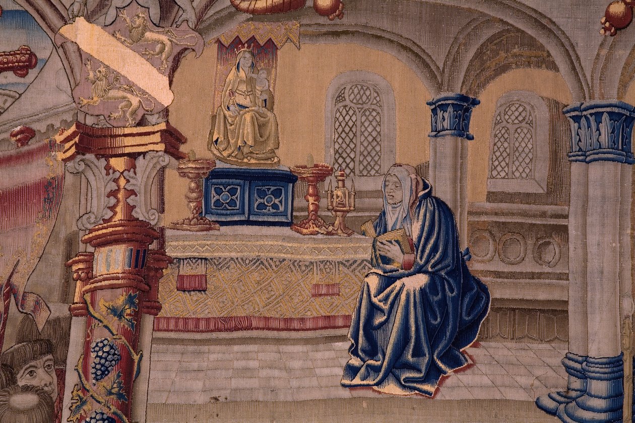 Flamandzki gobelin. Seria The Legend of the Madonna of the Sablon (Legenda Matki Bożej Sablon). Przybycie posągu Madonny. Produkcja w Brukseli. Rysownik Barend van Orley autorstwa Bernard van Orley