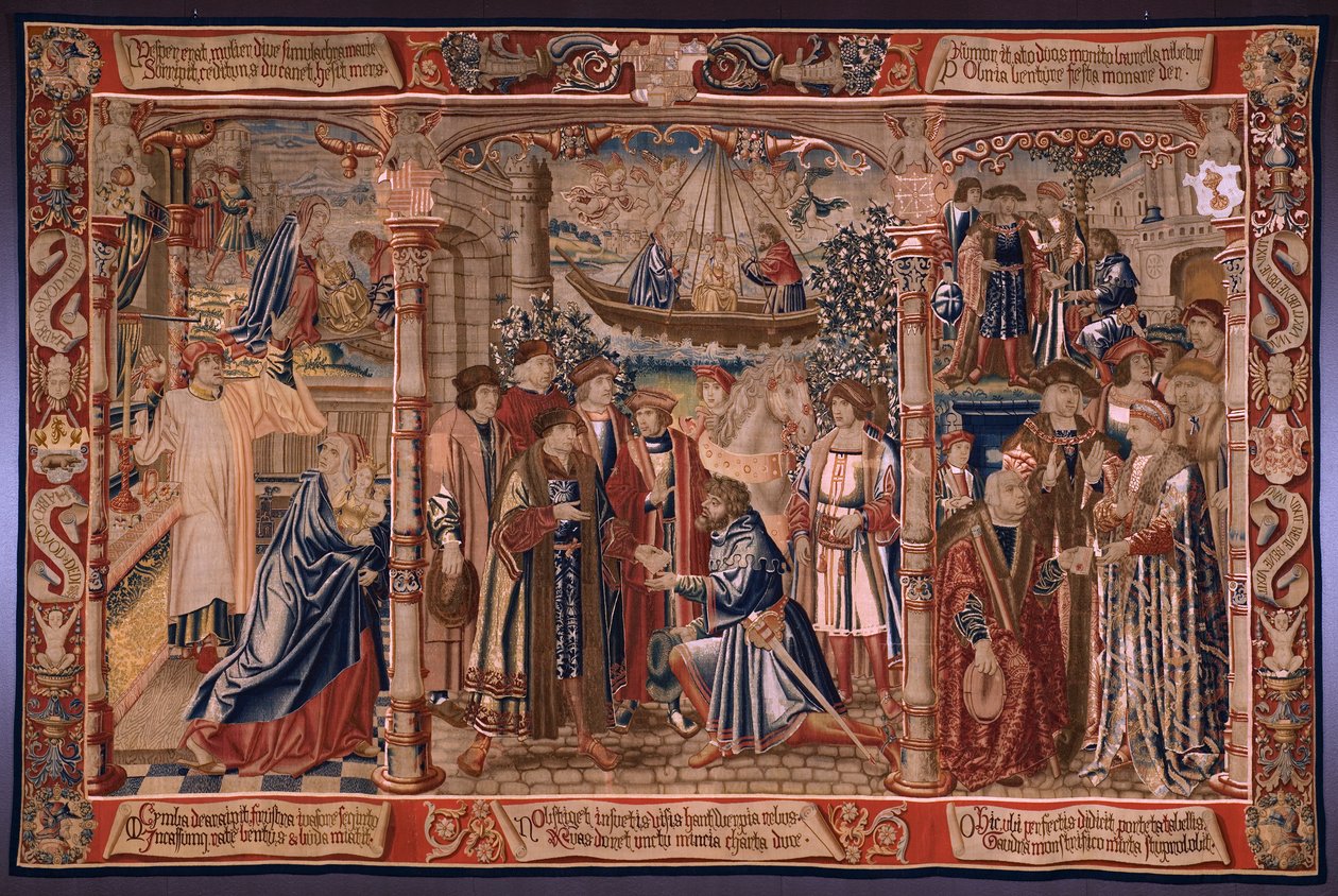 Flamandzki gobelin. Seria The Legend of the Madonna of the Sablon (Legenda Matki Bożej Sablon). Posąg Madonny przybywa do kościoła Sablon (Posąg Matki Boskiej zostaje przeniesiony do kościoła Sablon, La Estatua de autorstwa Bernard van Orley