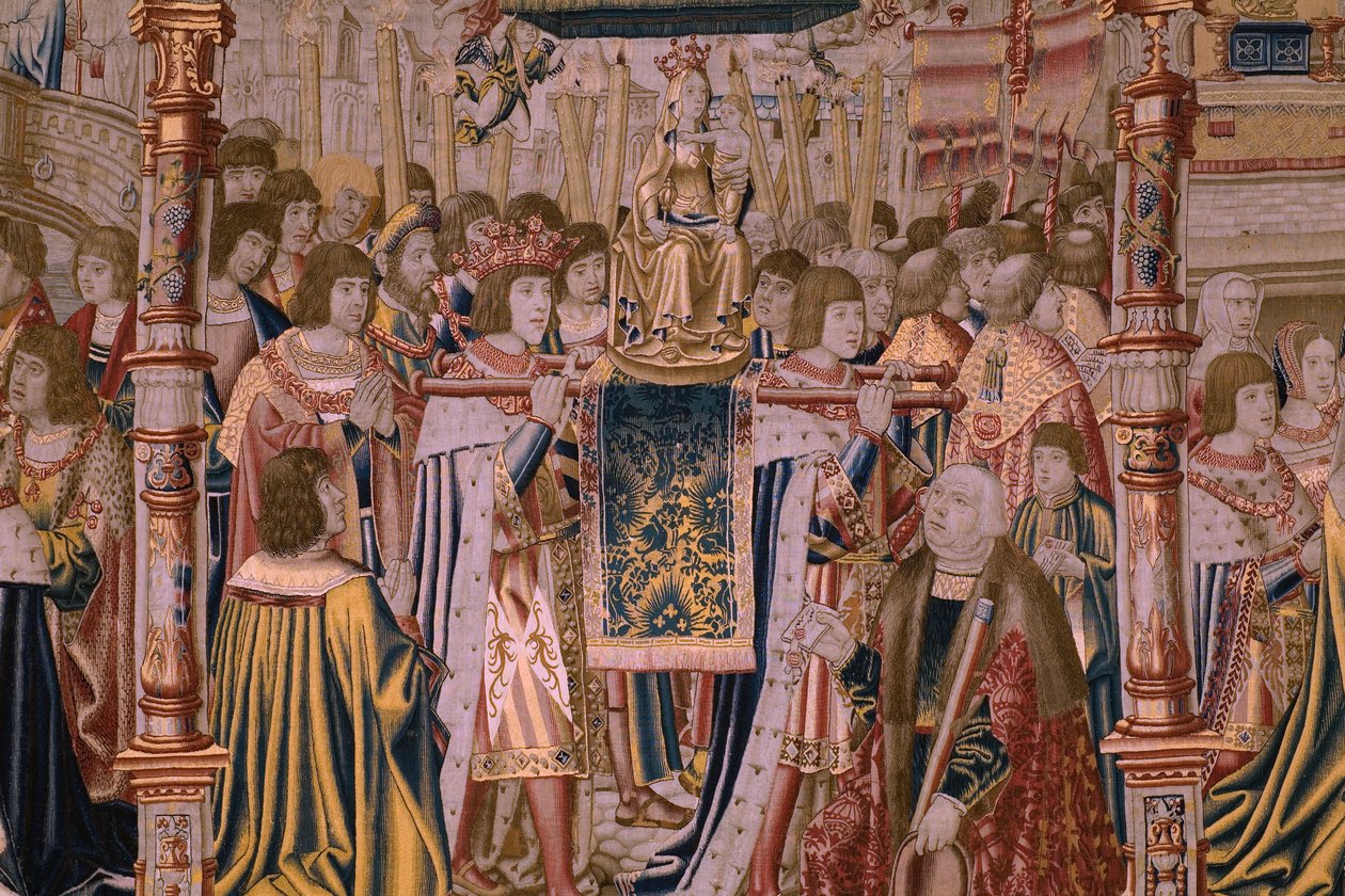 Flamandzki gobelin. Seria The Legend of the Madonna of the Sablon (Legenda Matki Bożej Sablon). Przybycie posągu Madonny. Produkcja w Brukseli. Rysownik Barend van Orley autorstwa Bernard van Orley
