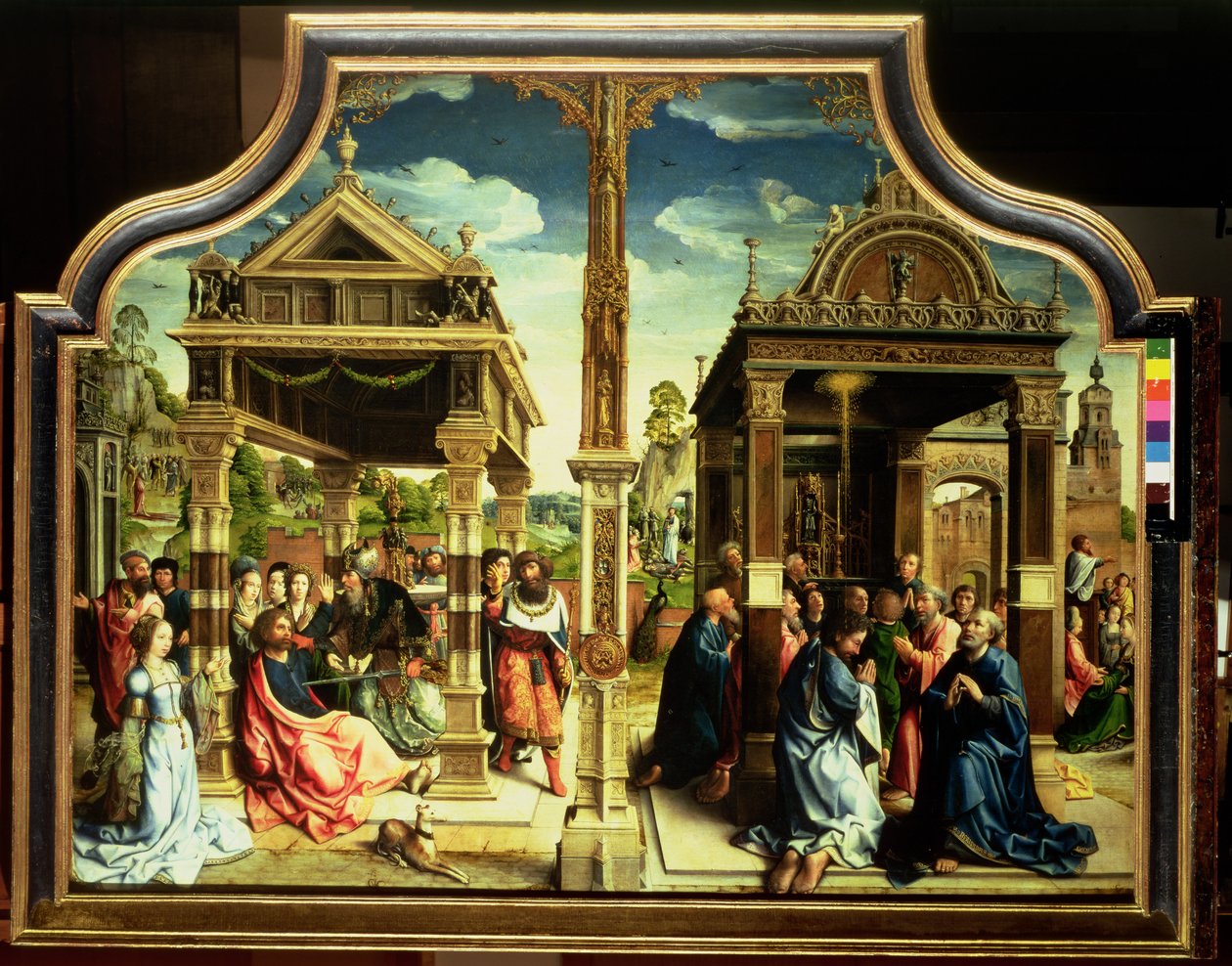Ołtarz św. Tomasza i św. Mateusza, centralny panel tryptyku przedstawiający sceny z życia dwóch świętych, w tym męczeństwa św. Tomasza, ok. 1515 (panel) autorstwa Bernard van Orley