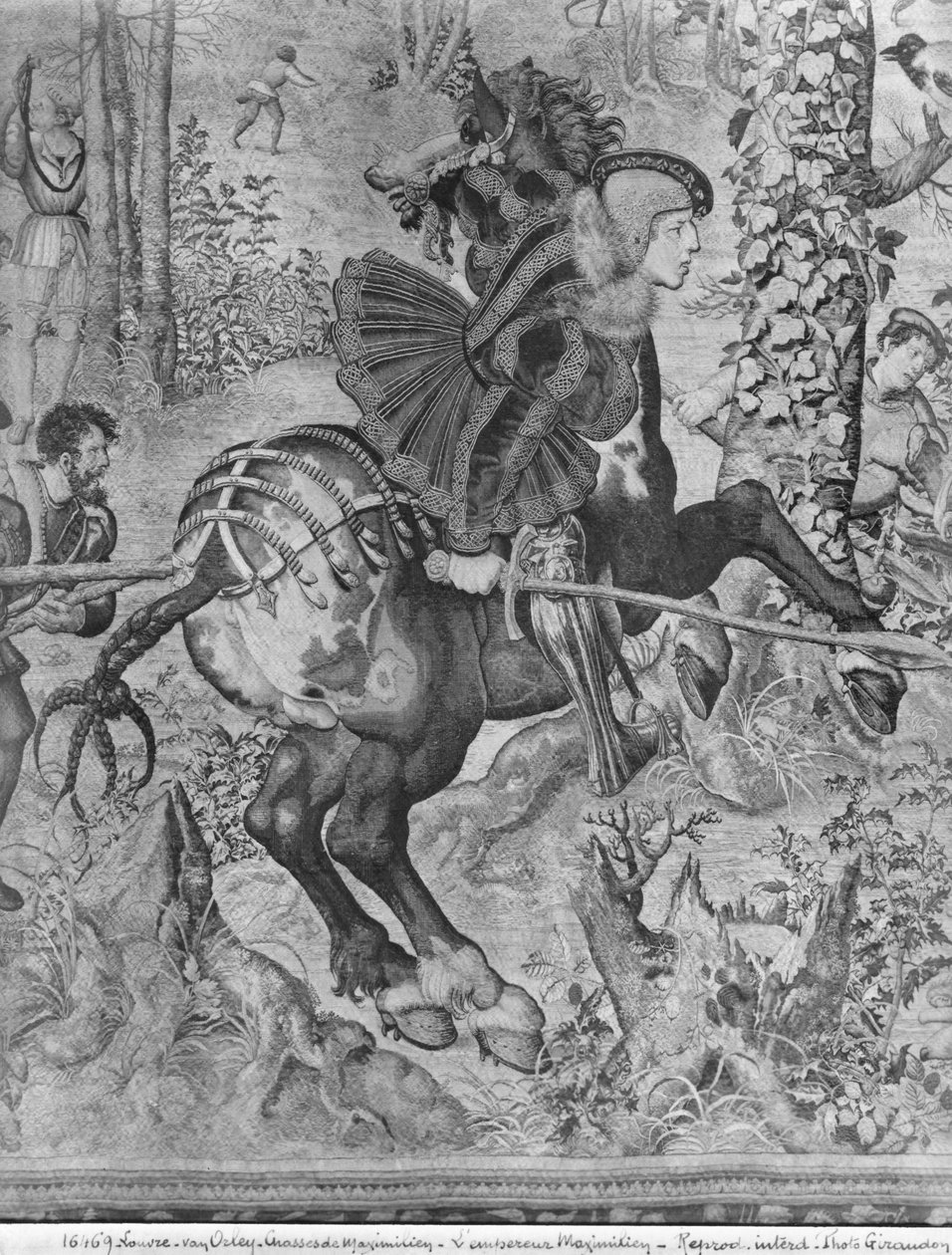 Polowania Maksymiliana, Koziorożca, Polowanie na dziki, detal Maksymilian I 1459-1519 Fabryka Gobelinów patrz także 138999 gobelin zdjęcie bw autorstwa Bernard van Orley