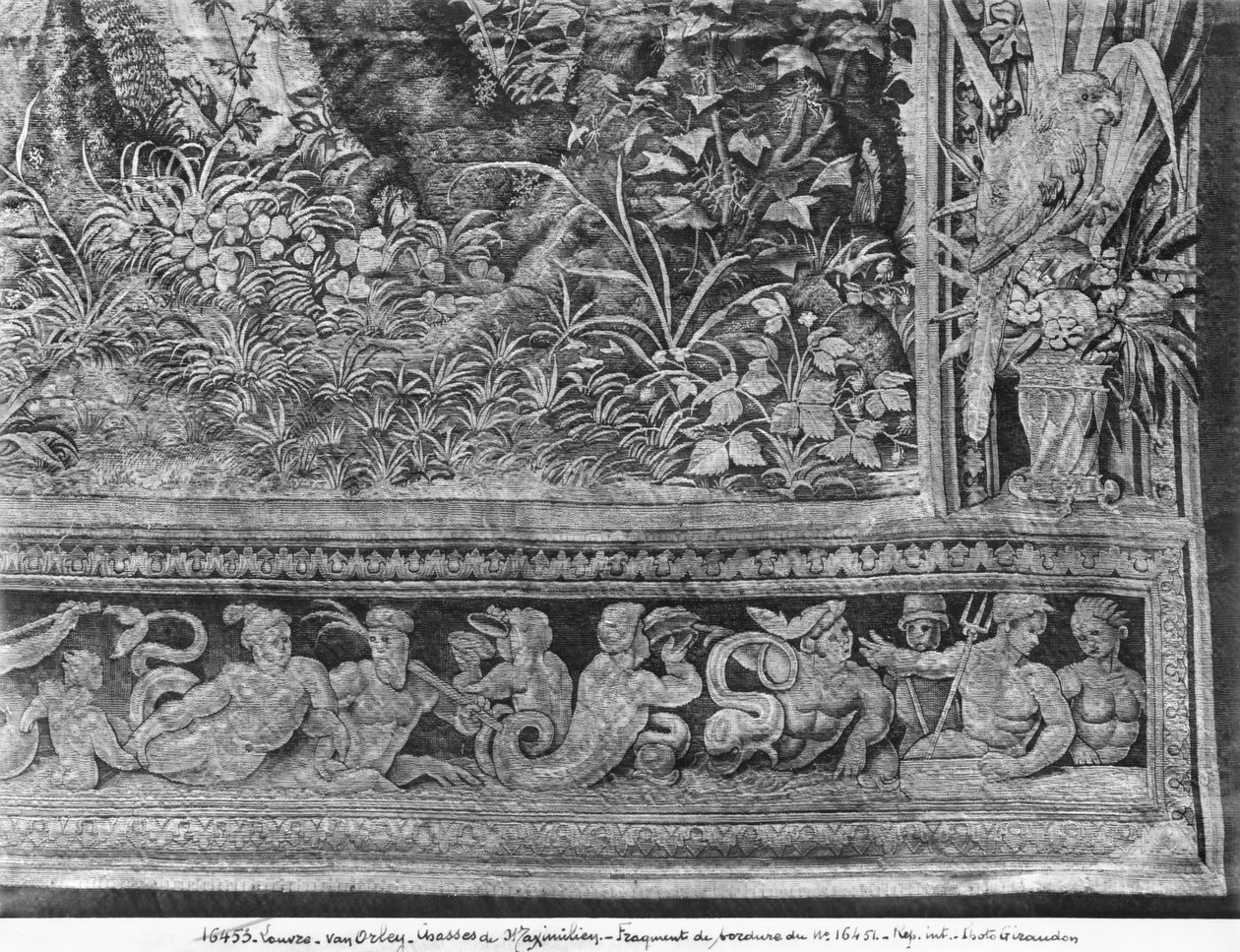 Polowanie Maksymiliana, Gemini, Polowanie na jelenie, Zgromadzenie, Fabryka Gobelinów szczegóły obramowania patrz także 70347 gobelin zdjęcie bw autorstwa Bernard van Orley