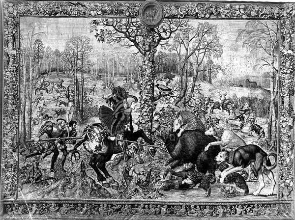 Polowania Maksymiliana, koziorożca: Polowanie na dziki, 1521-33 (zob. też 70347-50) autorstwa Bernard van after Orley