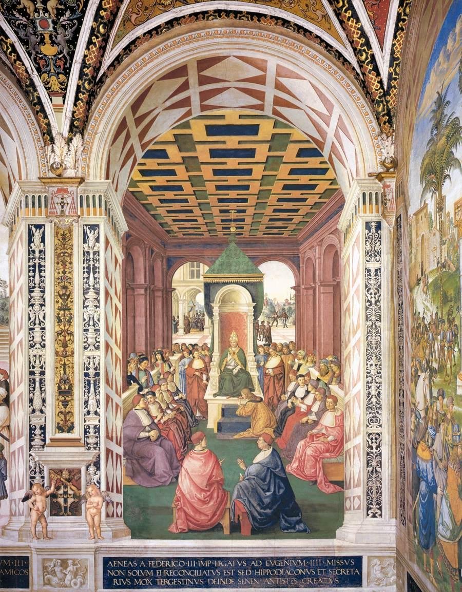 Hołd dla papieża Eugeniusza IV w imieniu cesarza Fryderyka III autorstwa Bernardino di Betto Pinturicchio
