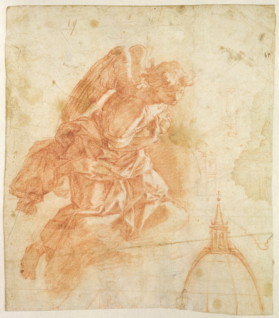 Zawieszony anioł i szkic architektoniczny, ok. 1600 (czerwona kreda na papierze) autorstwa Bernardino Barbatelli Poccetti