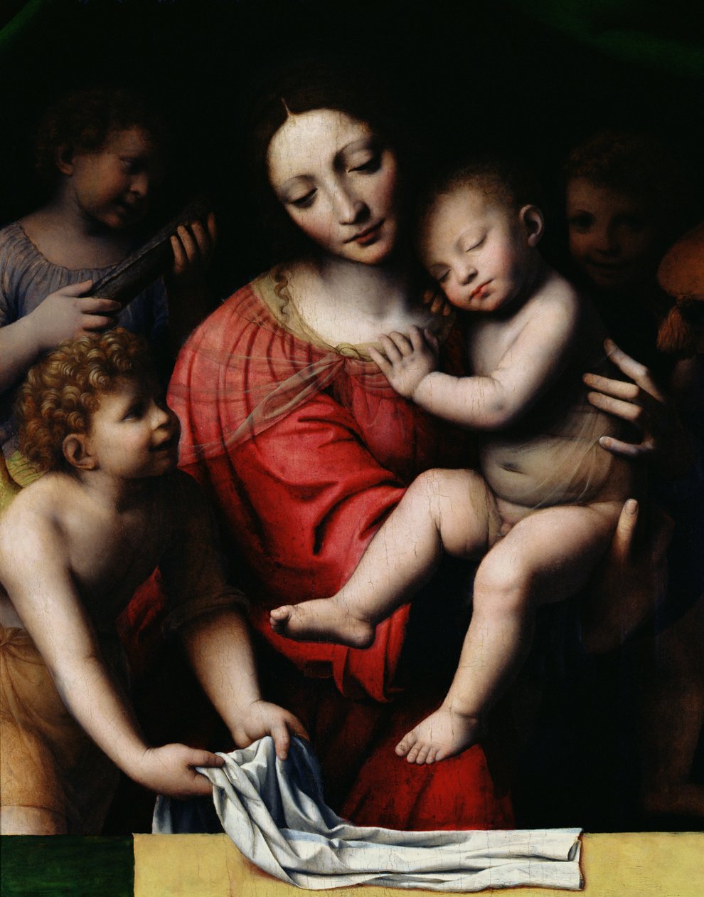 Śpiący Jezus, czyli Madonna trzymająca śpiące Dzieciątko w towarzystwie trzech aniołów, 1532 r. autorstwa Bernardino Luini