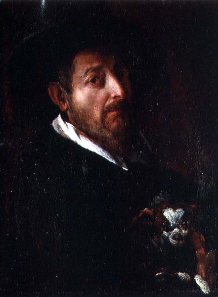 Autoportret z psem (olej na płótnie) autorstwa Bernardino Barbatelli Poccetti
