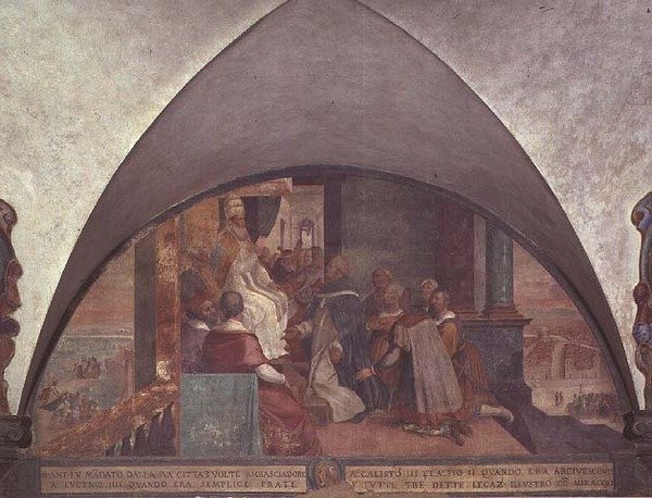 Św. Antonin przedstawia się papieżowi Eugeniuszowi III jako ambasador, luneta (fresk) autorstwa Bernardino Barbatelli Poccetti