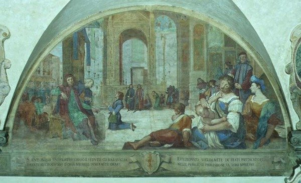 Młody św. Antoni modlący się przed krucyfiksem na rynku (fresk) autorstwa Bernardino Barbatelli Poccetti