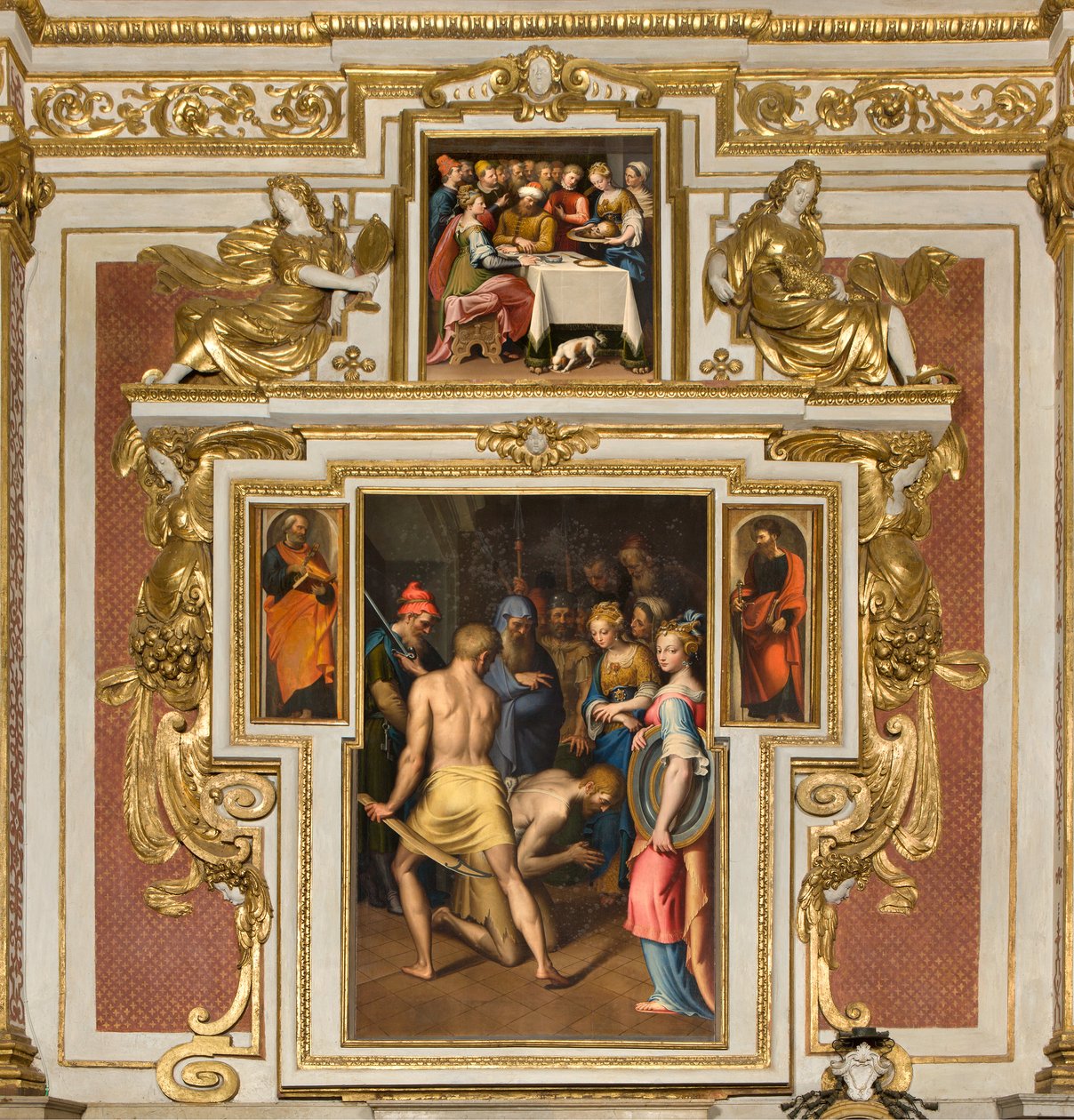 Kaplica Matki Bożej Ludowej, II przęsło strona północna, Bernardino Campi, Dekolacja Baptysty 1569, Po bokach św. Piotra i Pawła 1520-30, Bernardino Campi, Uczta Heroda 1569 autorstwa Bernardino Campi
