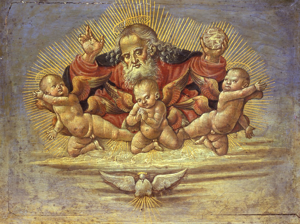 Fragment ołtarza przedstawiającego Boga Ojca z Trzema Aniołami, ok. 1500 (tempera na drewnie) autorstwa Bernardino Fungai