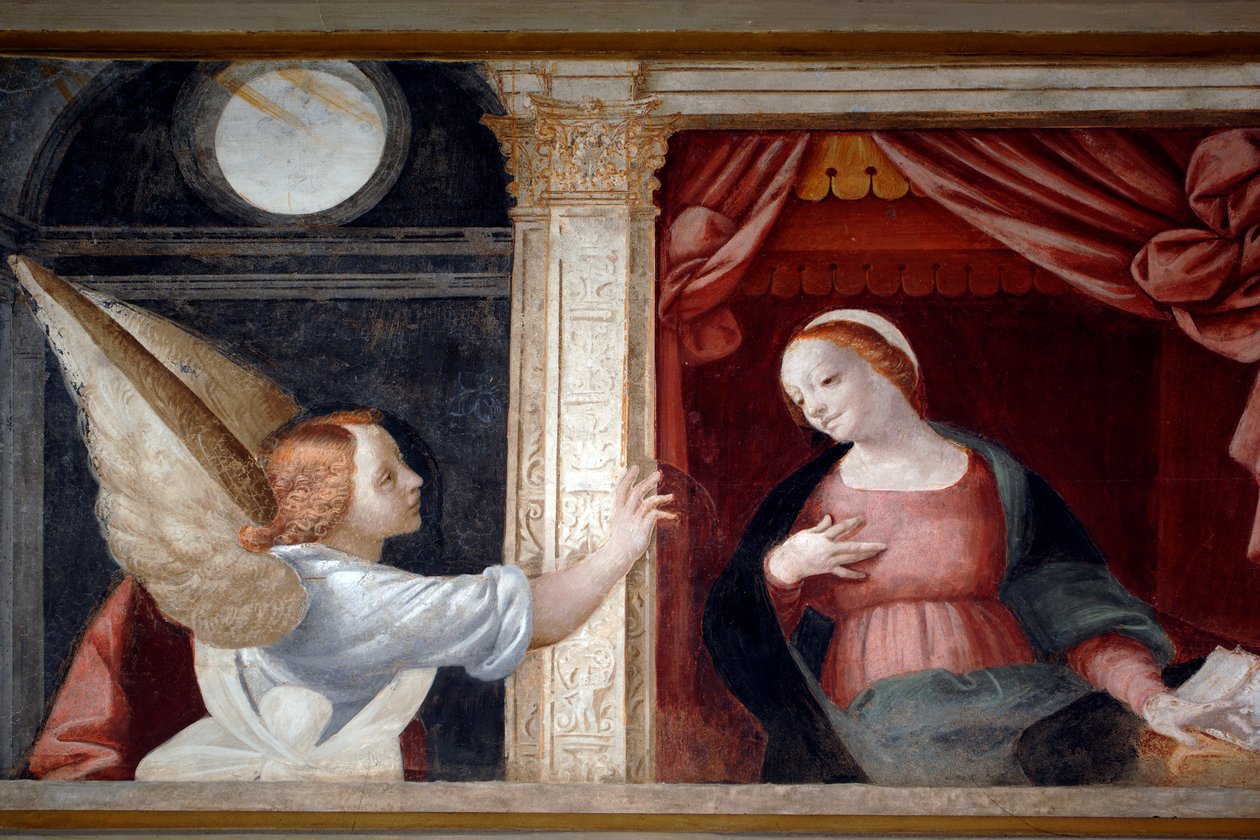 Zwiastowanie, fragment z Cyklu Dziewicy (1553), fresk Bernardino Lanino (1512-1583), dolna zakrystia katedry Novara, Piemont, Włochy autorstwa Bernardino Lanino