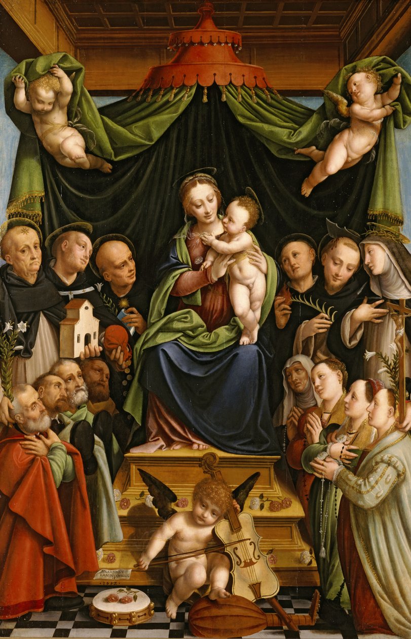 Madonna z Dzieciątkiem na tronie ze świętymi i darczyńcami autorstwa Bernardino Lanino