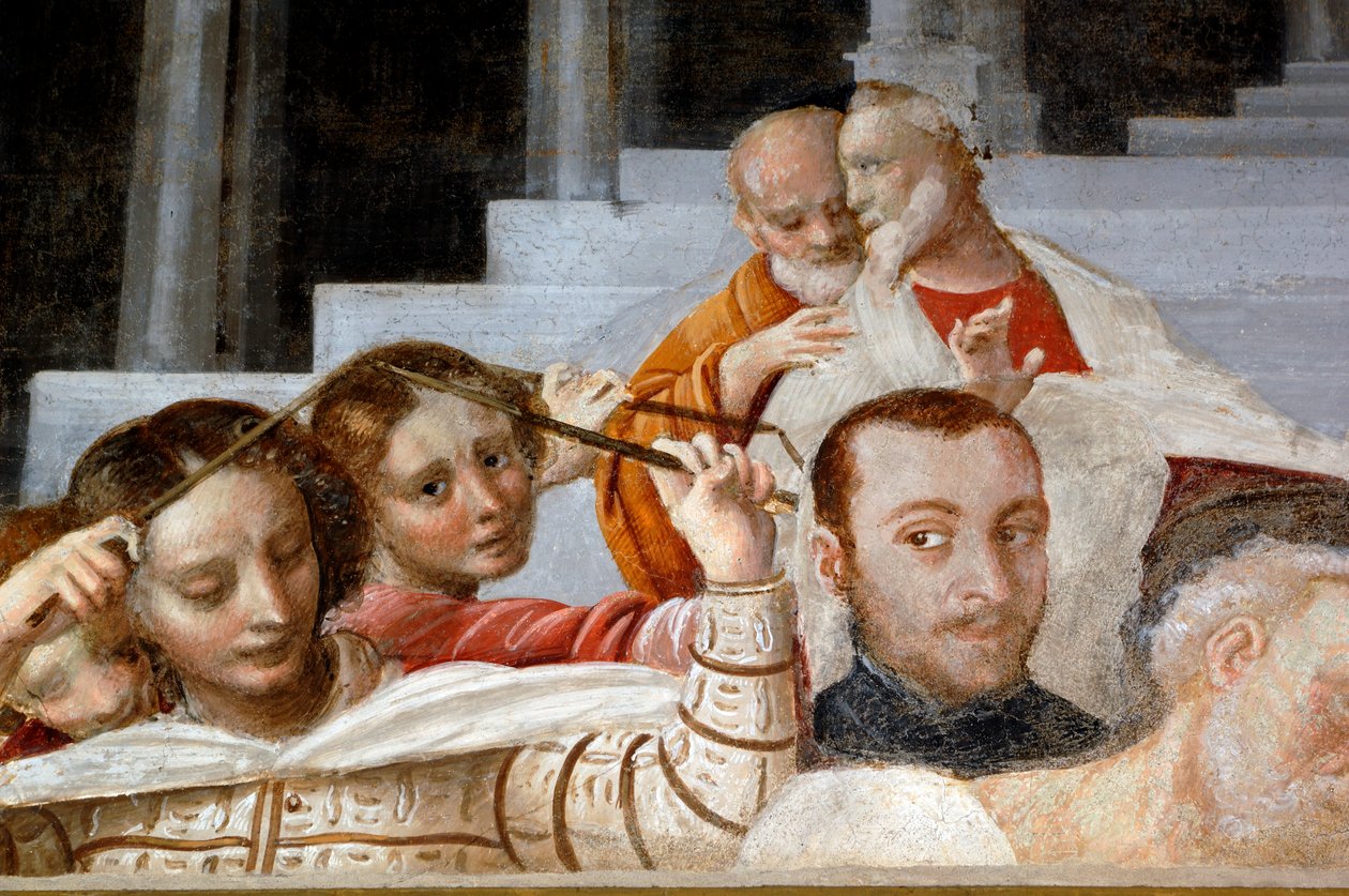 Postacie mężczyzny i kobiety, detal z Cyklu Dziewicy (1553), fresk autorstwa Bernardino Lanino (1512-1583), dolna zakrystia katedry w Novarze, Piemont, Włochy autorstwa Bernardino Lanino