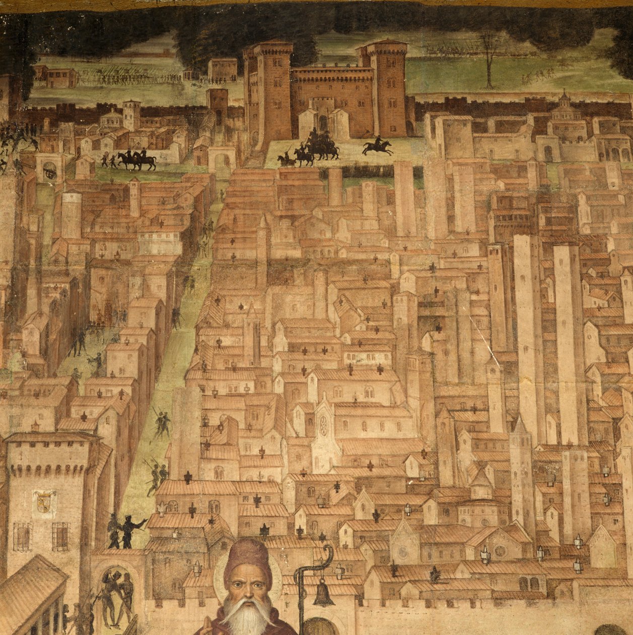 Św. Antoni i widok Pawii, fragment z cyklu Stories of St Theodore, freski Bernardino Lanzani (1460-1530 ca), kościół św. Teodora, Pawia, Lombardia, Włochy autorstwa Bernardino Lanzani da San Colombano