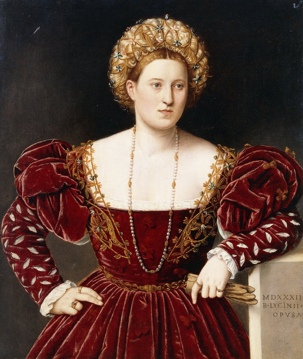 Portret Damy, 3/4 długości, w bordowej sukience z rozciętymi rękawami, w rękawiczkach do trzymania, autorstwa Bernardino Licinio