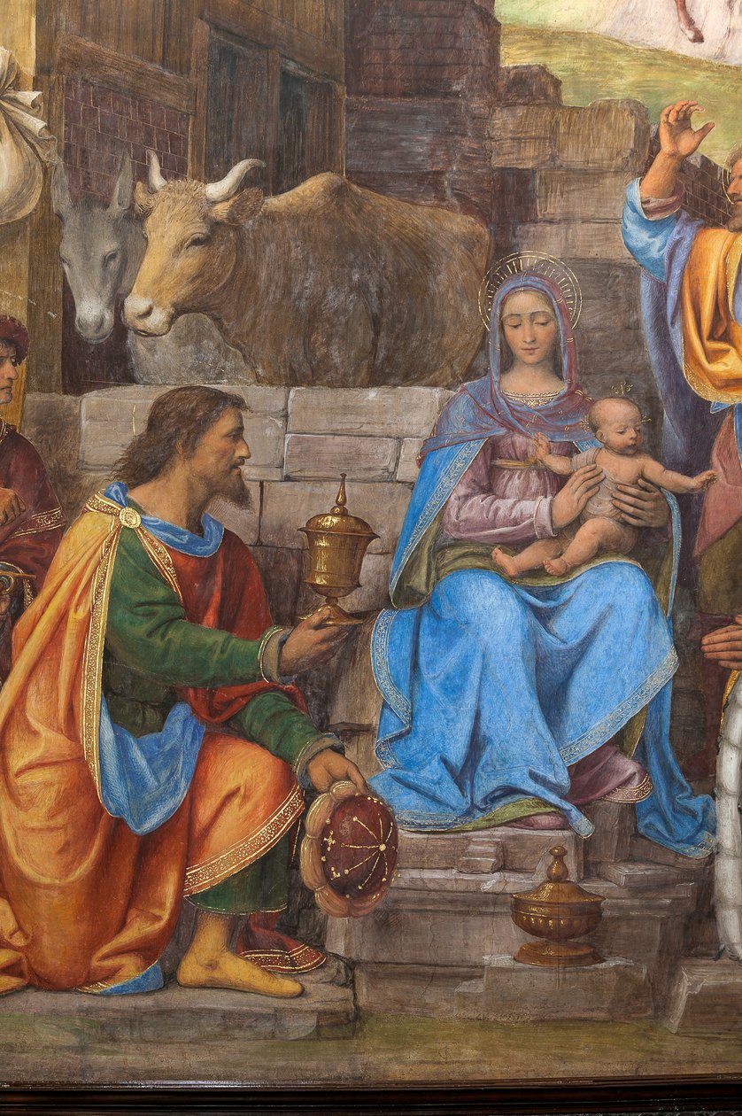 Fragment Adoracji Trzech Mędrców, Prezbiterium lub Kaplica Główna (fresk) autorstwa Bernardino Luini