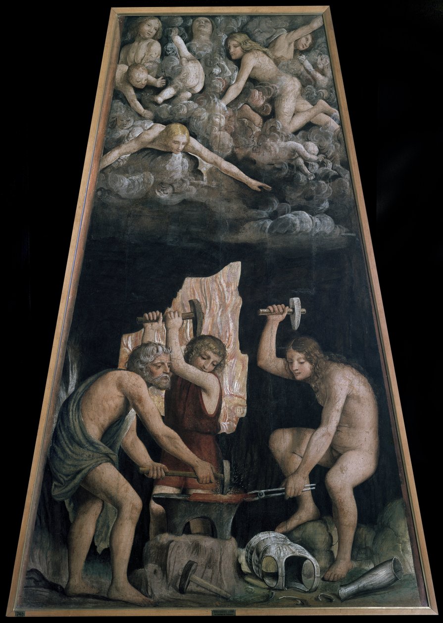Boska broń wykuta w kuźni wulkanu na oczach aniołów leżących w chmurach, detal (fresk autorstwa Bernardino Luini