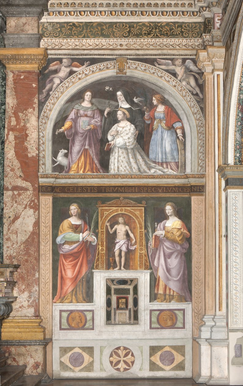 Ippolita Sforza ze św. Agnieszką i św. Katarzyną i poniżej św. Apollonia i św. Łucja, ok. 1522-25 (fresk) (detal z 3497192) autorstwa Bernardino Luini