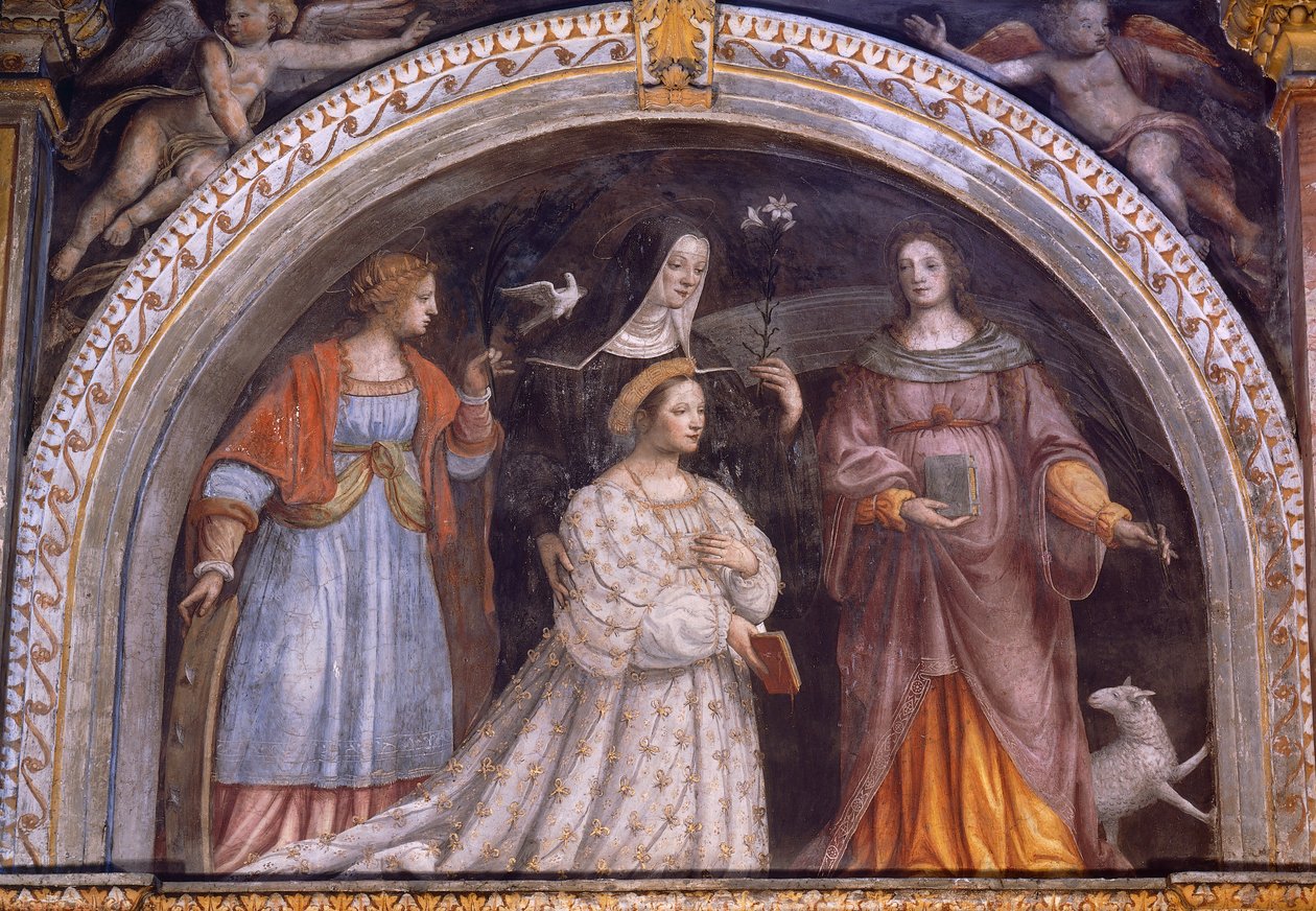Włochy, Mediolan, kościół św. Maurycego al Monastero Maggiore, Ginevra Bentivoglio Sforza osłaniająca zasłonę autorstwa Bernardino Luini