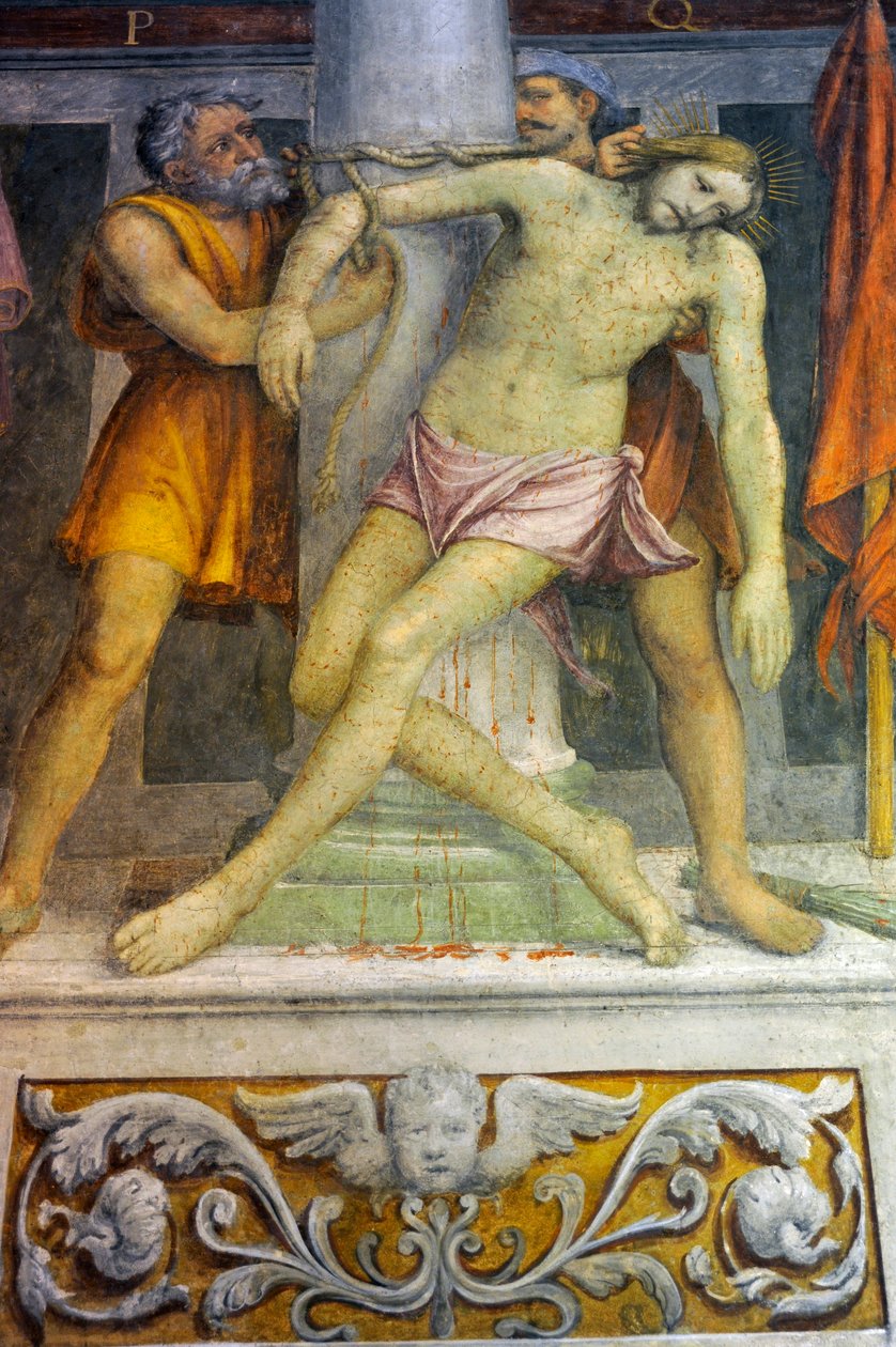 Jezus przywiązany do kolumny, fresk Bernardino Luiniego w kościele św Maurycego w klasztorze Maggiore, Mediolan, Lombardia, Włochy autorstwa Bernardino Luini