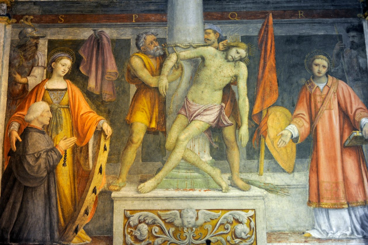 Jezus przywiązany do kolumny, fresk Bernardino Luiniego w kościele św. Maurycego w klasztorze Maggiore, Mediolan, Lombardia, Włochy autorstwa Bernardino Luini