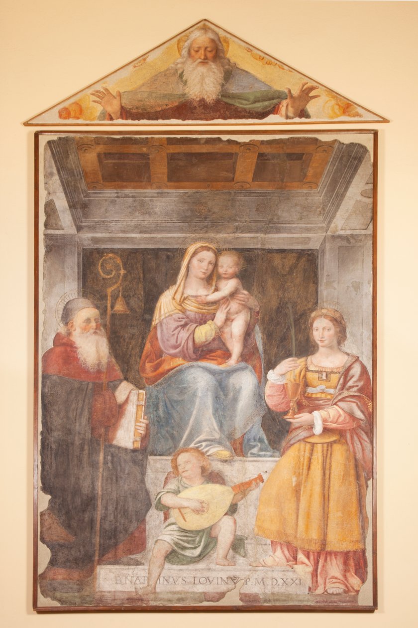 Madonna z Dzieciątkiem, św. Antoni Wielki, św. Barbara i anioł muzyk autorstwa Bernardino Luini