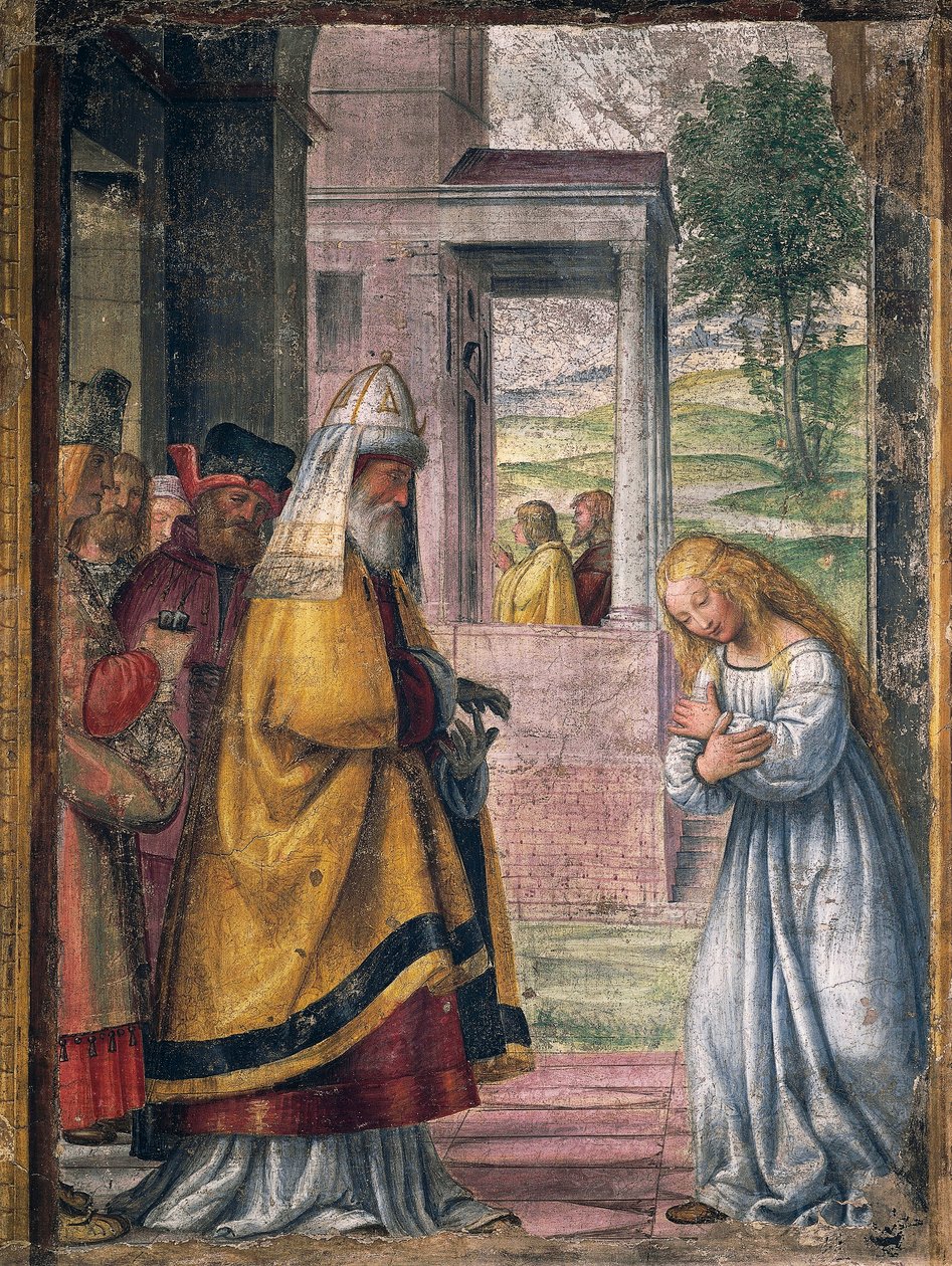 Maryja żegnająca się w świątyni, fresk Bernardino Luiniego (1480-1532) z kaplicy św. Józefa w kościele Santa Maria della Pace w Mediolanie. autorstwa Bernardino Luini