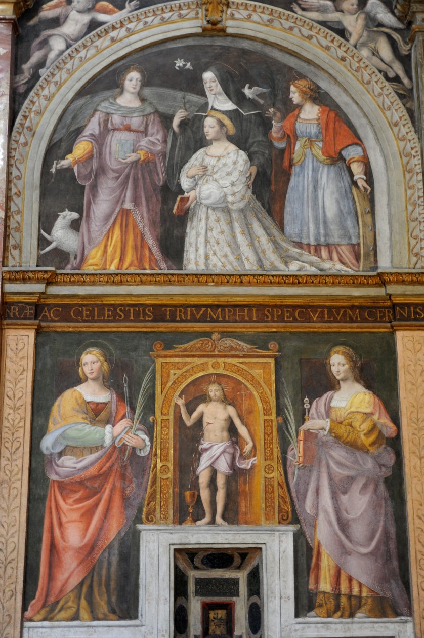 Święta Apollonia i Święta Łucja, u góry Ippolita Sforza w otoczeniu świętych i zakonnic, fresk Bernardino Luini w kościele Świętego Maurycego w klasztorze Maggiore, Mediolan, Lombardia, Włochy autorstwa Bernardino Luini