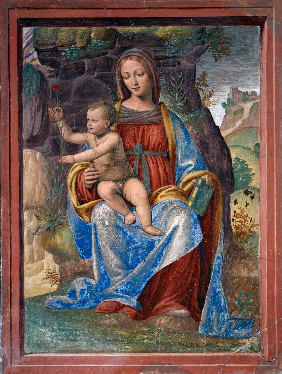 Dziewica z Dzieciątkiem, fresk Bernardino Luini (ok. 1480-ok. 1532), w pokoju Lavabo lub Vestry, Lombardia, Włochy autorstwa Bernardino Luini
