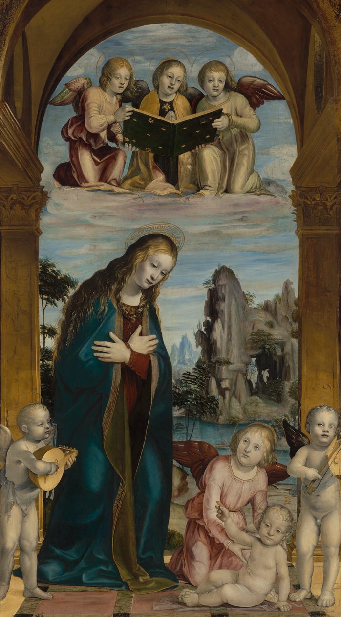 Madonna adorująca Dzieciątko z muzykującymi aniołami autorstwa Bernardino Zenale