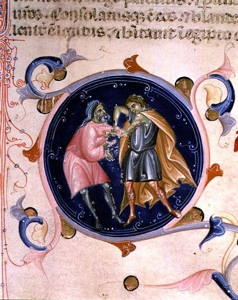 Miniatura dwóch kłócących się mężczyzn, z Biblii Karola V Walezego (welum) autorstwa Bernardino da Modena