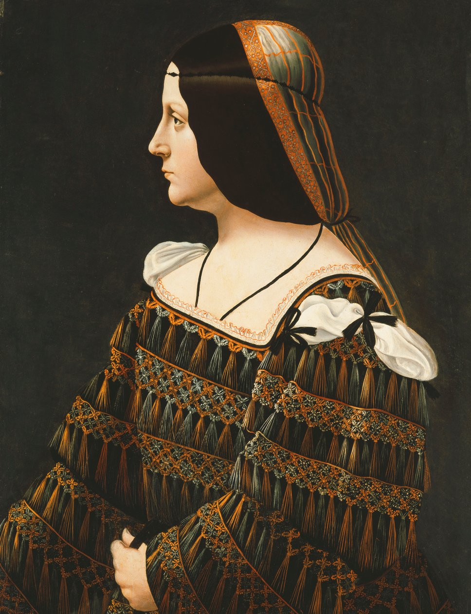 Portret damy, do połowy długości, z profilu, w czarnej sukni ozdobionej koronką, z wisiorkami z frędzlami i rozciętymi ramionami oraz pomarańczowym i szarym kominem, autorstwa Bernardino de Conti