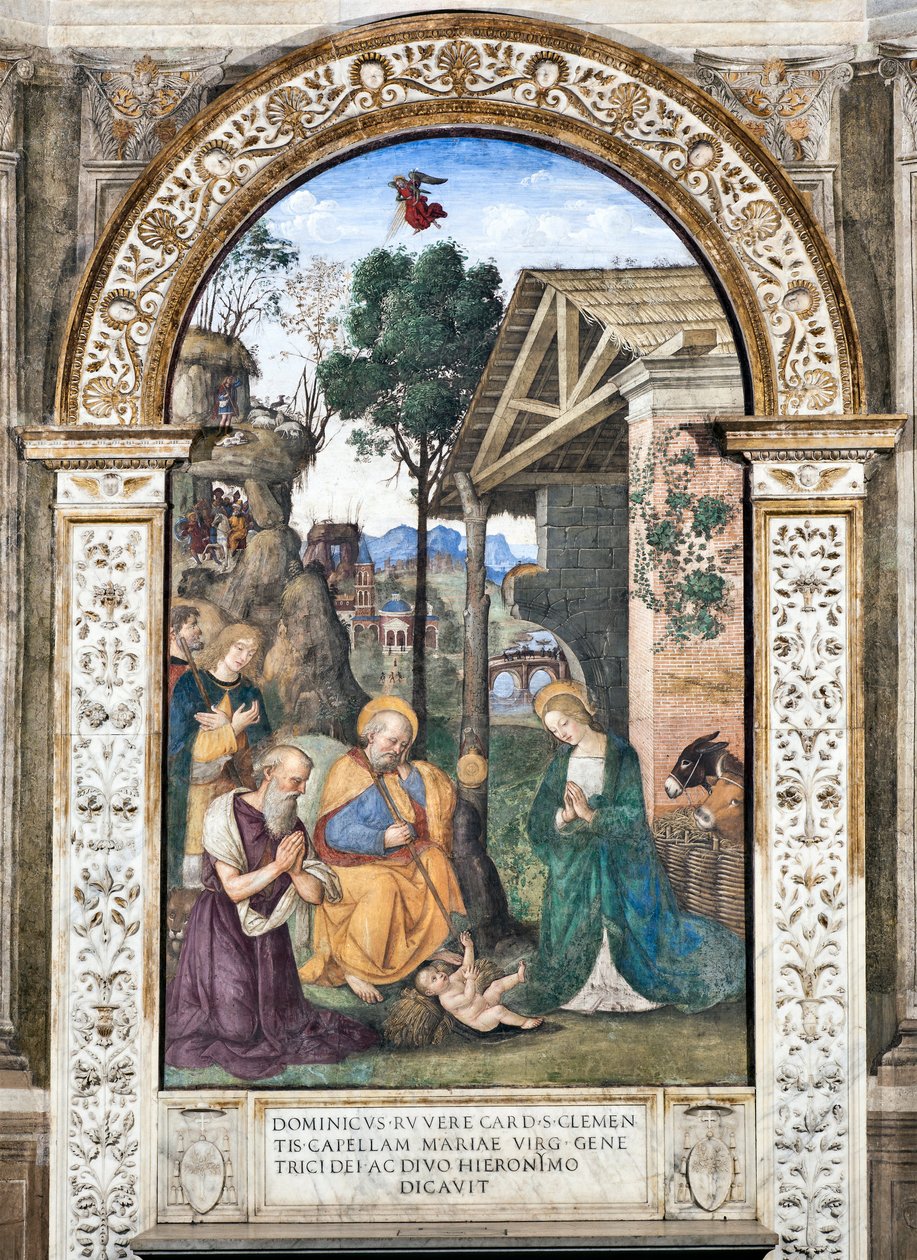 Fresk Adoracja pasterzy Pinturicchio (Bernardino di Betto) (1454-1513) 1484-1492 Bazylika Santa Maria del Popolo (Kościół Santa Maria del Popolo), Cappella Basso della Rovere Rzym Włochy autorstwa Bernardino di Betto Pinturicchio