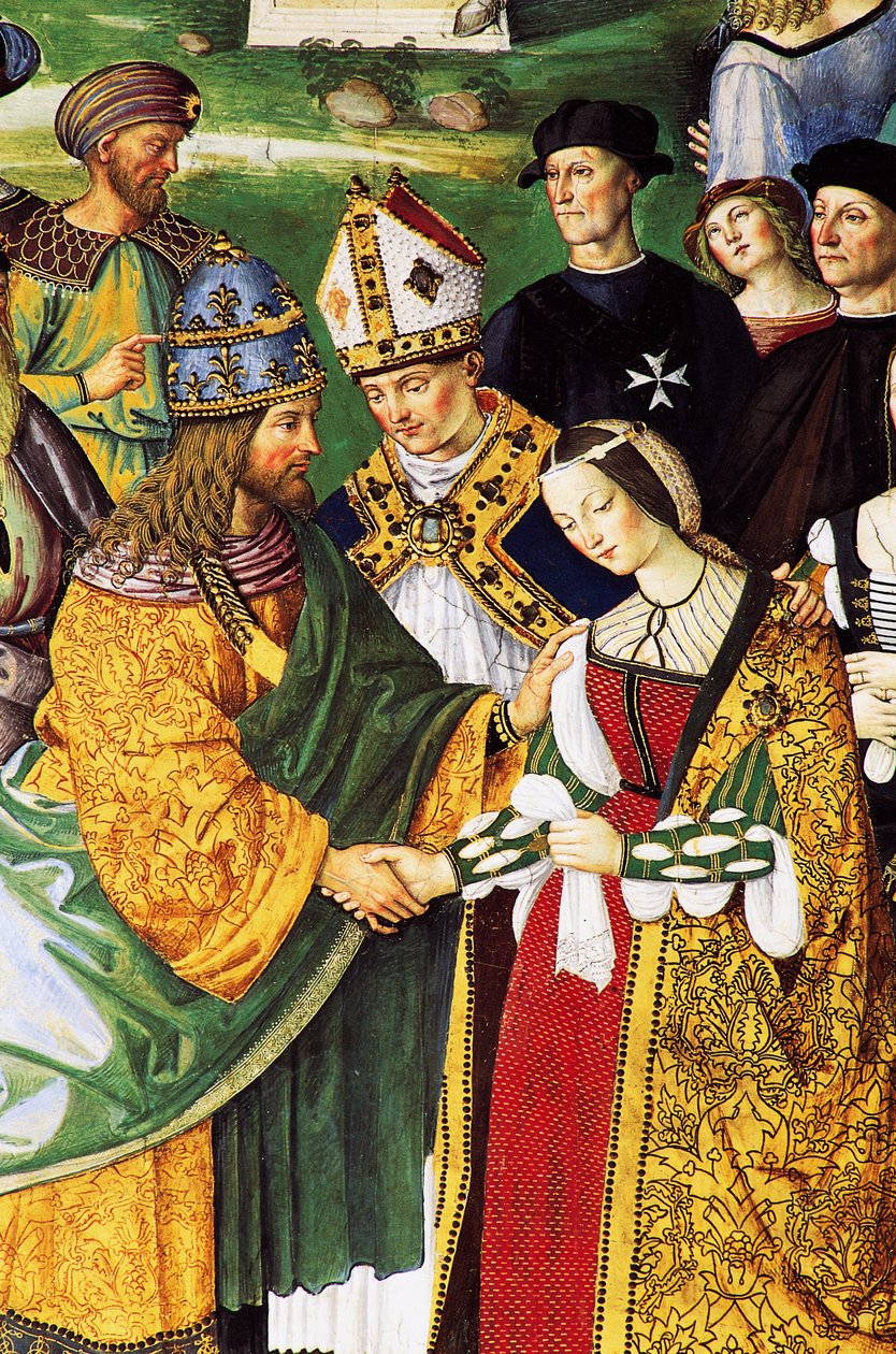 Eneasz Sylwiusz, biskup Sieny, przedstawiający cesarza Fryderyka III ze swoją przyszłą żoną Eleonorą z Aragonii autorstwa Bernardino di Betto Pinturicchio