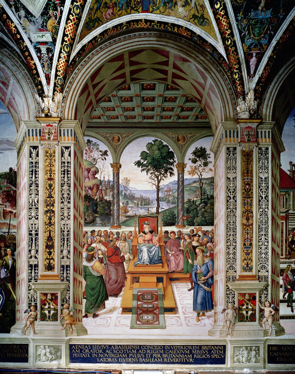 Eneasz Sylwiusz Piccolomini (1405-64) wygłasza orację przed królem Szkockim Jakubem I (1394-1437) w 1435 autorstwa Bernardino di Betto Pinturicchio