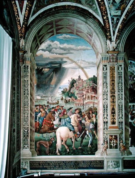 Eneasz Sylwiusz Piccolomini (1405-64) Podróże do Rady Bazylejskiej zimą 1432 roku autorstwa Bernardino di Betto Pinturicchio