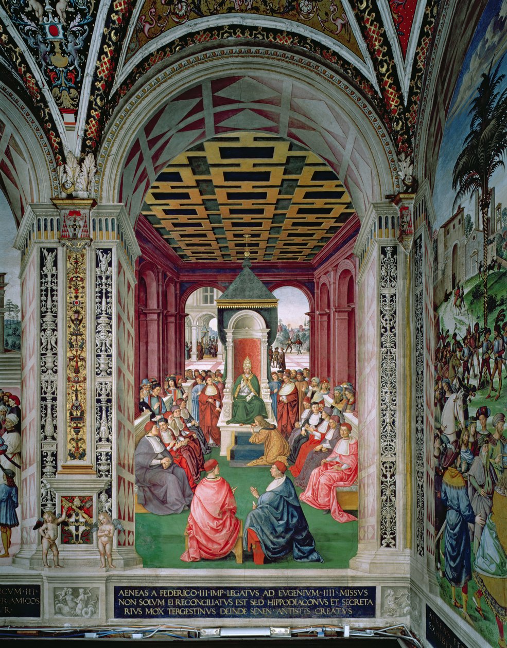 Eneasz Sylwiusz Piccolomini (1405-64) składa akt poddania się papieżowi Eugeniuszowi IV (1383-1447) 7 lutego autorstwa Bernardino di Betto Pinturicchio
