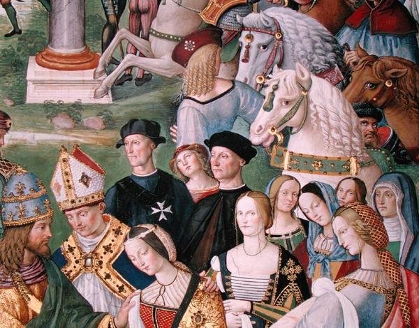 Eneasz Sylwiusz Piccolomini (1405-64) przedstawia Eleonorę Aragońską Fryderykowi III (1415-93) 24 lutego 1452 (fresk) (szczegół) autorstwa Bernardino di Betto Pinturicchio