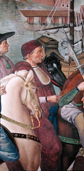 Kardynał Domenico Capranica, fragment z „Eneasz Sylwiusz Piccolomini (1405-64) Podróże na Sobór Bazylejski zimą 1432 roku” autorstwa Bernardino di Betto Pinturicchio