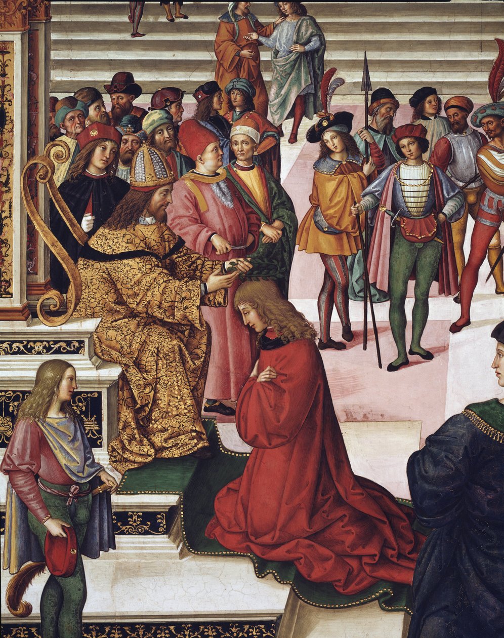 Enea Silvio Piccolomini (Pius II) został koronowany na niskiego poetę przez cesarza Fryderyka III. Szczegół — Świeże autorstwa Bernardino di Betto Pinturicchio