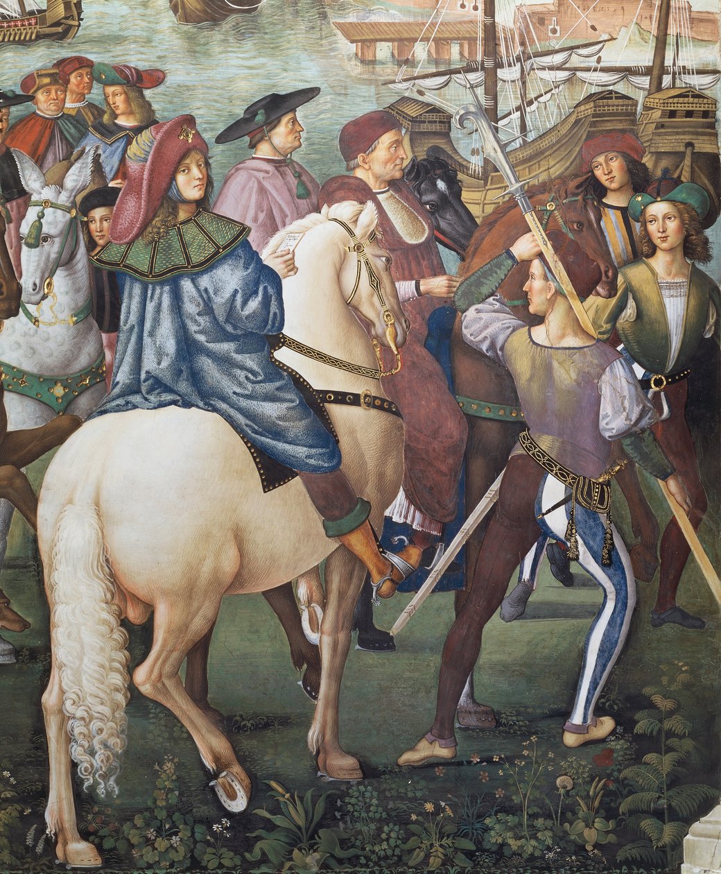 Enea Silvio Piccolomini wyjeżdżający do Bazylei w charakterze sekretarza biskupa Ferrary, fragment z "Dziejów Piusa II autorstwa Bernardino di Betto Pinturicchio