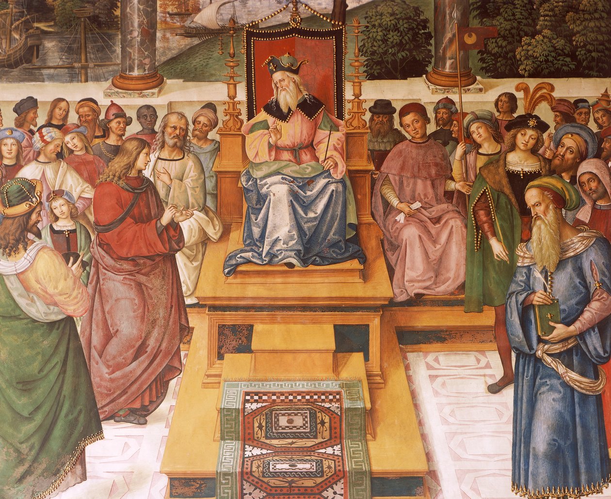 Enea Silvio Piccolomini spotyka króla Szkocji Jakuba I, fragment z Opowieści Piusa II autorstwa Bernardino di Betto Pinturicchio